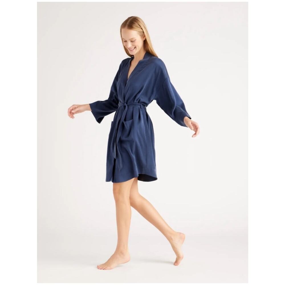NWT Quince 100% Washable Silk Robe M Indigo Blue Kimono Belted Luxury Lounge - Picture 3 of 11